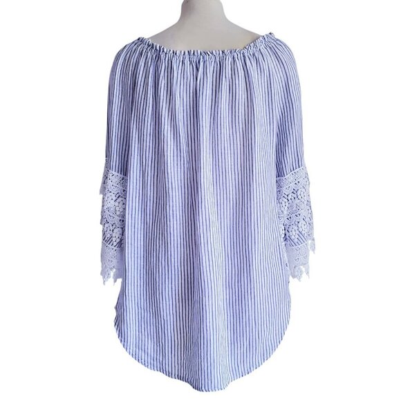 Saks Fifth Avenue 100& Linen Off-or on-Shoulder Blue Striped Lace Blouse Size M - Picture 5 of 16